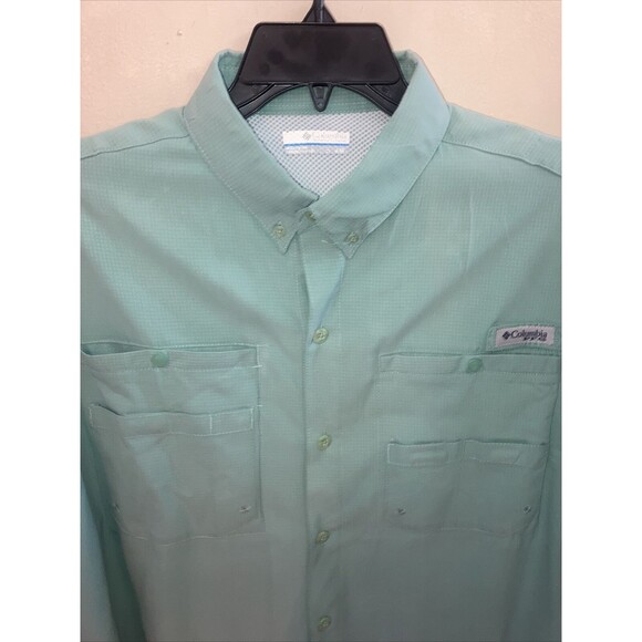 Men's Columbia PFG Hiking Fishing Button Front Shirt Large L - Green- Omni Shade - Picture 2 of 8